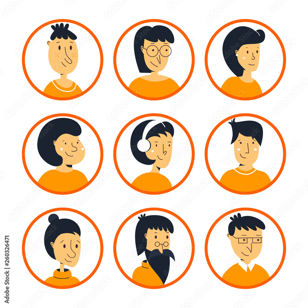 People characters icons. Set of avatars different age. Shoulders avatars stylish collection flat style People characters icons. Set of avatars different age. Shoulders avatars stylish collection flat style