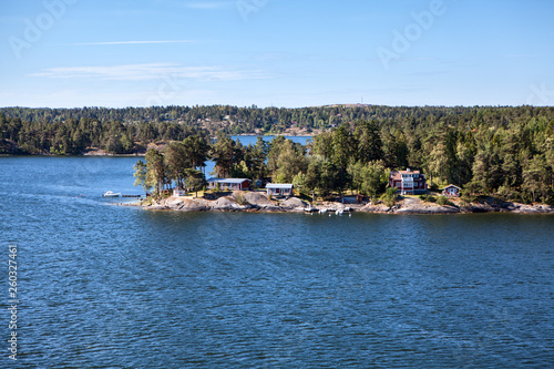 Settlements are on large stones on coastline of Stockholm archipelago in Baltic sea  Sweden  Scandinavia