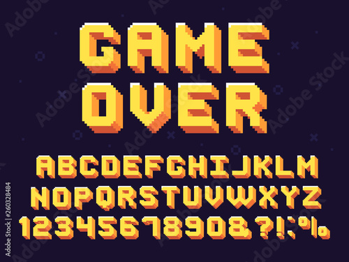 Pixel game font. Retro games text, 90s gaming alphabet and 8 bit computer graphic letters vector set photo