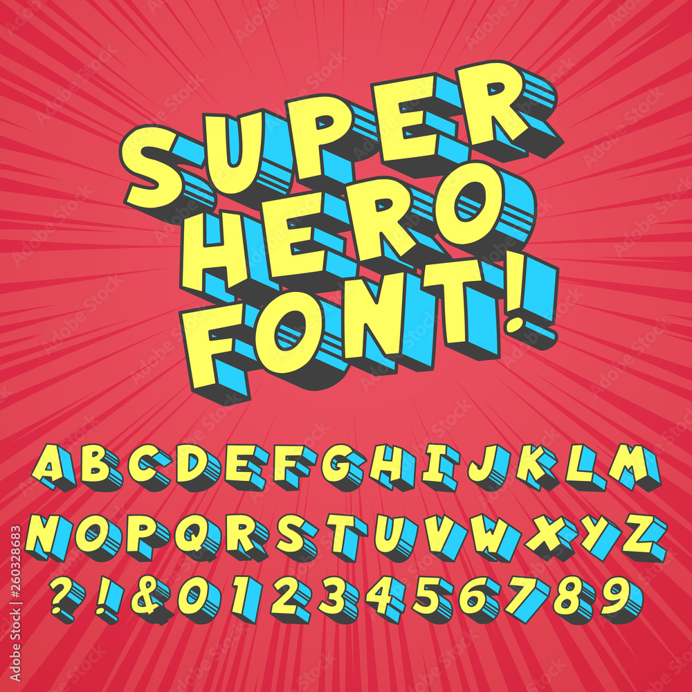 Super hero comics font. Comic graphic typography, funny supers heros alphabet and creative fonts letters symbol vector set