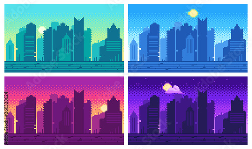 Fototapeta Gród sztuki pikseli. Miasto ulica 8-bitowy krajobraz miasta, nocna i miejska gra zręcznościowa