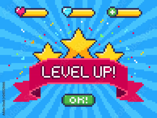 Level Up screen. Pixel video game achievement, pixels 8 bit games ui and gaming level progress vector illustration photo