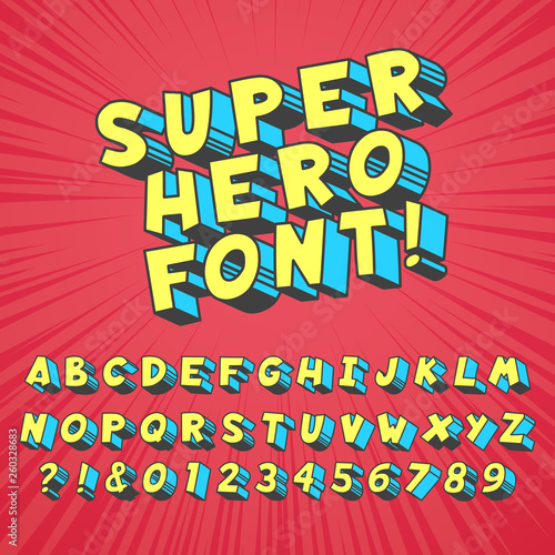 Super hero comics font. Comic graphic typography, funny supers heros alphabet and creative fonts letters symbol vector set photo
