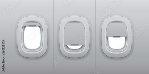 Aircraft windows. Airplane indoor portholes, plane interior window and fuselage glass porthole 3d vector illustration