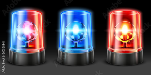 Realistic ambulance flashing. Police light flasher, safety lights and warning siren flashing lamps. Emergency light 3D vector set
