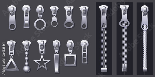 Zipper pulls. Metal zippers and fabric pull, cloth clasp and clothing zipper isolated 3d realistic vector set