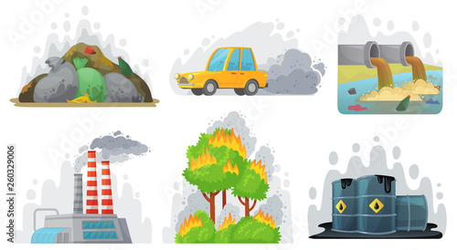 Environmental pollution. Contaminated air, industrial radioactive waste and ecological awareness vector illustration set