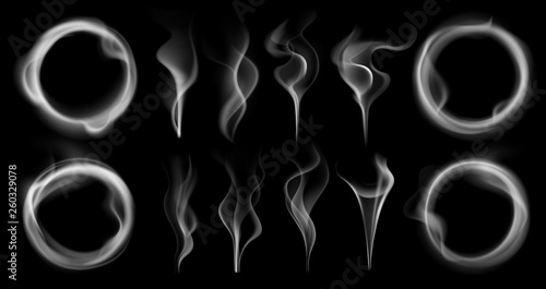 Steam smoke shapes. Smoking vapor streams, steaming vaping ring and vapor waves translucent realistic 3D effect isolated vector set