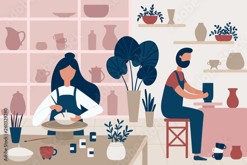 Pottery hobby. Handcrafted earthenware, people decorating pots and handicraft pottery workshop flat vector illustration