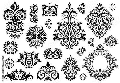 Damask ornament. Vintage floral sprigs pattern, baroque ornaments and victorian decor ornamental patterns vector illustration set