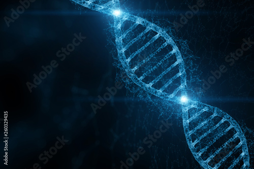 Abstract blue colored shiny dna molecule on futuristic digital illustration background.