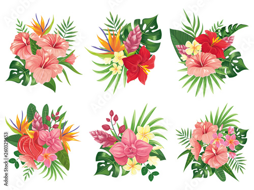 Fototapeta Naklejka Na Ścianę i Meble -  Tropical flowers bouquet. Exotic palm leaves, floral tropic bouquets and tropicals wedding invitation vector illustration set