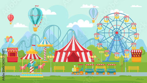 Amusing park festival. Amusement attractions landscape, kids carousel and ferris wheel attraction vector illustration