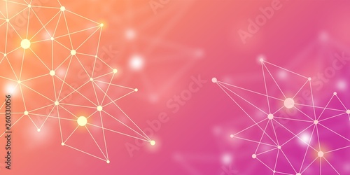 Abstract futuristic crypto blockchain. White dots and shapes in triangles. Modern digital technology concept texture for banner or web design