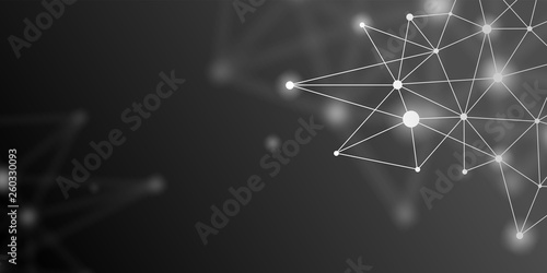 Abstract futuristic crypto blockchain. White dots and shapes in triangles. Modern digital technology concept texture for banner or web design