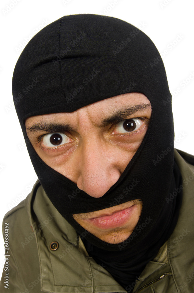 Criminal wearing mask isolated on white Criminal wearing mask isolated on white