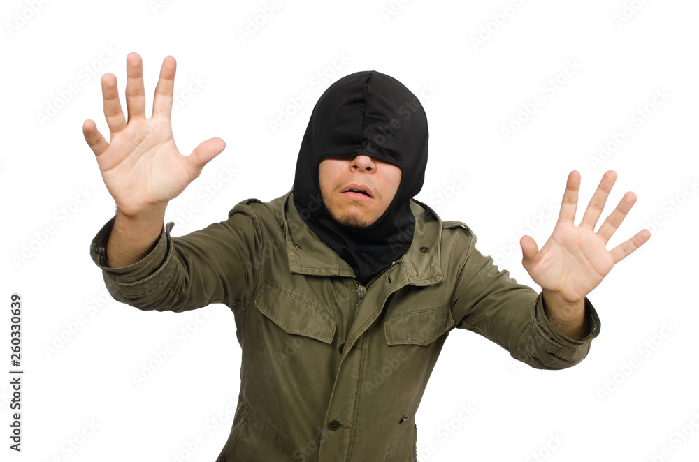 Criminal wearing mask isolated on white Criminal wearing mask isolated on white