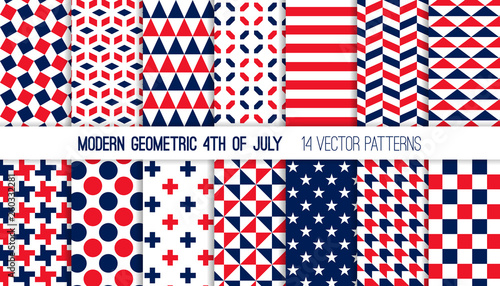 Patriotic Red White Blue Modern Geometric Vector Patterns. Bold Prints for 4th of July Party Decor. Independence Day Holiday Backgrounds. Repeating Pattern Tile Swatches Included