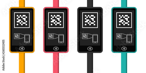 Hands with transport card, smartphone, smartwatch and bank card near terminal. Airport, metro, bus, subway ticket validator. Wireless contactless cashless payments, rfid nfc. Flat vector illustration