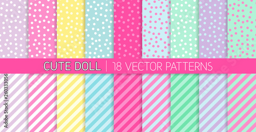 Cute Girly LOL Doll Style Vector Patterns. Random Polka Dots and Stripes in Pastel Pink, Blue, Lilac, Mint Green, Yellow and White. Kids Birthday Party Decor. Repeating Pattern Tile Swatches Included.
