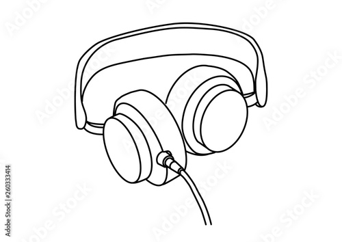 Headphones with music and technology symbols Vector illustration isolated on white background. Vector monochrome, drawing by lines
