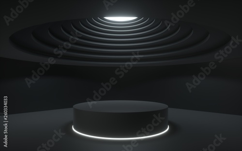 3d render,black abstract background, showcase platform mockup, white ceiling light, empty dark room, cylinder stand, podium photo