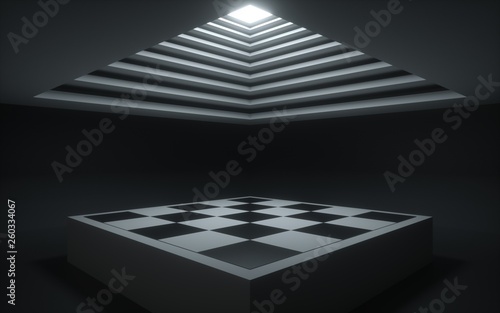 3d render, abstract background, geometrical shapes, chess board, showcase platform mockup, white ceiling light, empty dark room