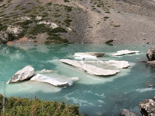 Sairam-su lake in the mountains of Shymkent. Nature trip. Pieces of ice in the blue lake. Mountain lake with melt water. photo