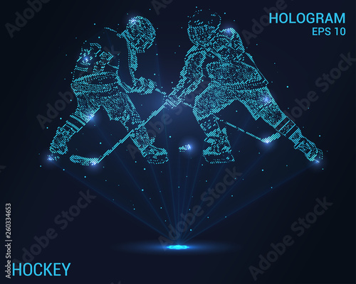 Hockey hologram. Holographic projection of hockey players. Flickering energy flux of particles. Scientific design hockey.