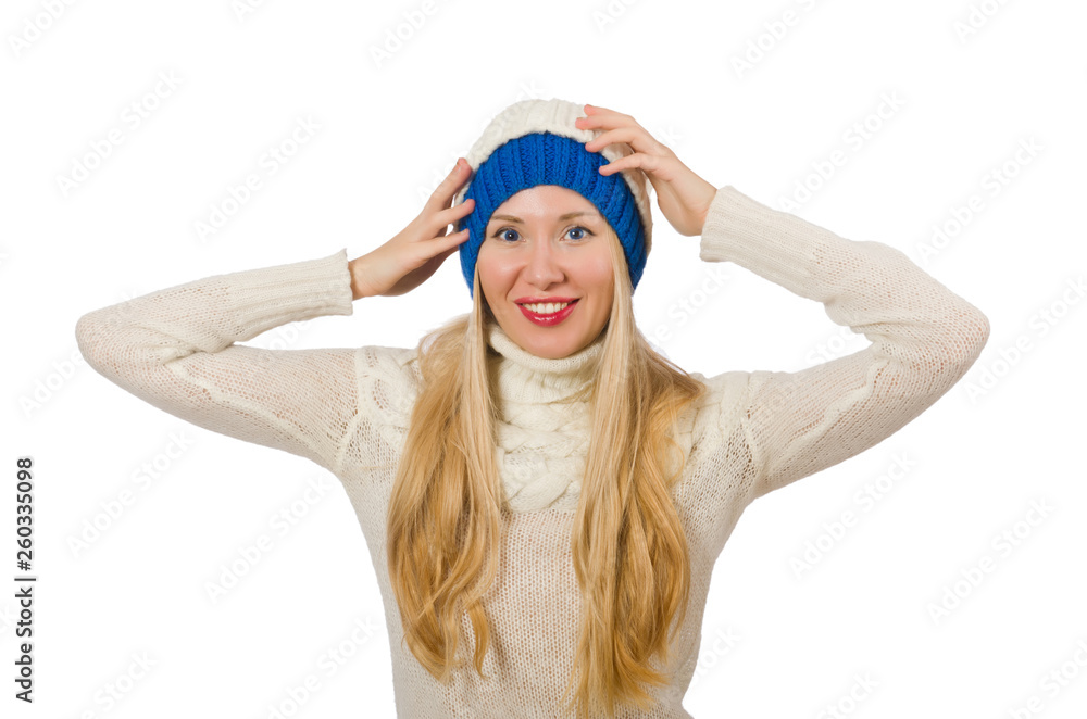 Woman wearing warm clothing on white Woman wearing warm clothing on white