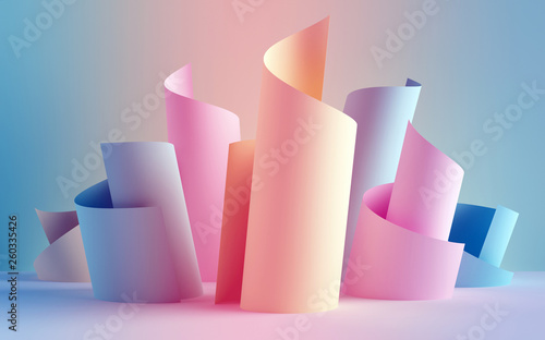 3d render, paper ribbon rolls, abstract shapes, fashion background, swirl, pastel neon scrolls, curl, spiral, cylinder