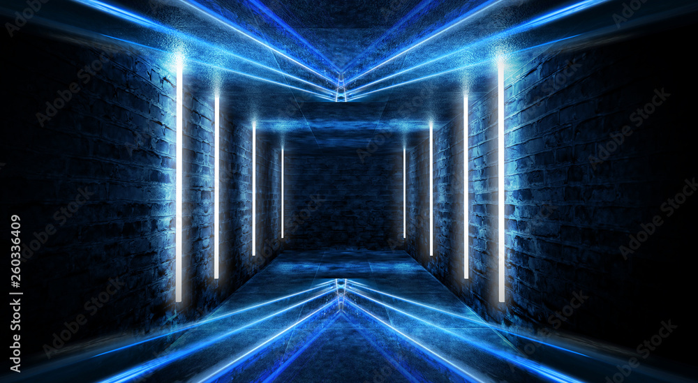Abstract tunnel, corridor with rays of blue light and neon highlights ...