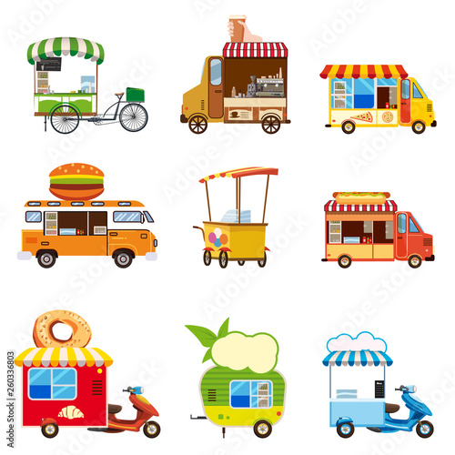 Set of street street car vehicles, buses, minivans, trucks, kiosks, pizza, BBQ, ice cream vegan food hot dog baking