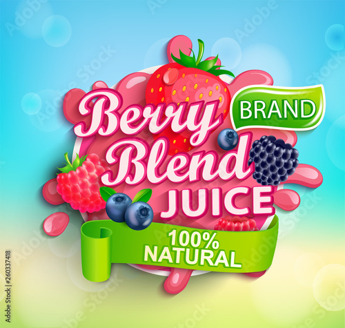 Fresh berry blend juice logo with splash,apteitic drops and strawberries, blueberries,raspberries and blackberries for banner, poster, brand,template and label,emblem,packaging,advertising.Vector