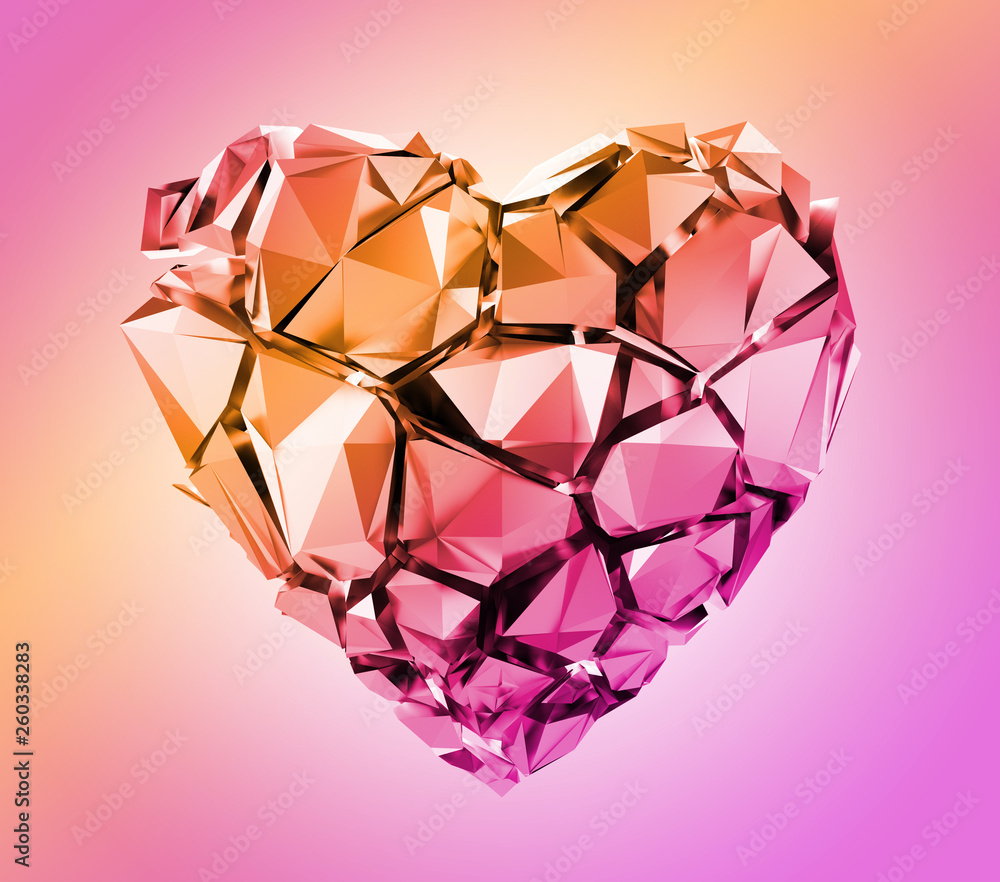 3d render, broken pink crystal heart isolated on pastel background ...