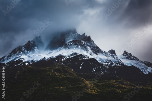 Patagonia snow capped mountains in a stormy atmosphere 