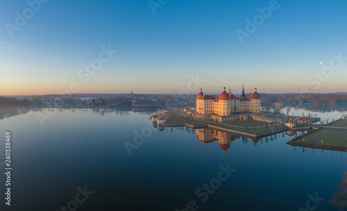 Photo showing Moritzburg Castle in Saxony, Germany. Photo taken from a drone at the Golden Hour.