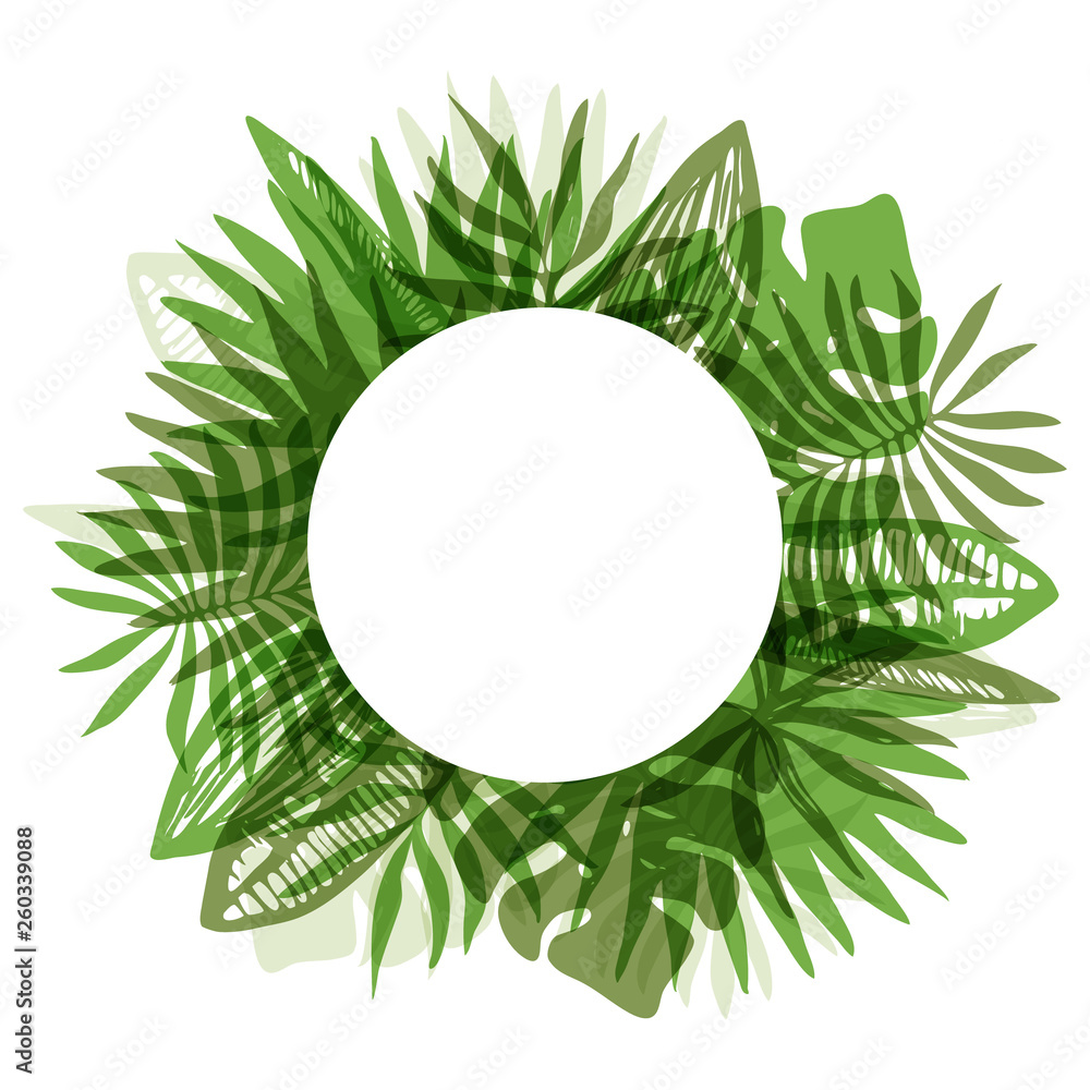 Fototapeta Świeży zielony kolor okrągłe ramki z nakładających się bałagan wyciągnąć rękę tropikalnych liści. Modna zaokrąglona granica egzotycznej zieleni do letnich kart okolicznościowych, projektu banerów, dekoracji ślubnych