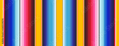 Yellow Blue Pink Red Mexican Blanket Serape Stripes Seamless Vector Pattern. Rug Texture with Threads. Background for Cinco de MayoDecor or Mexican Food Restaurant Menu. Pattern Tile Swatch Included