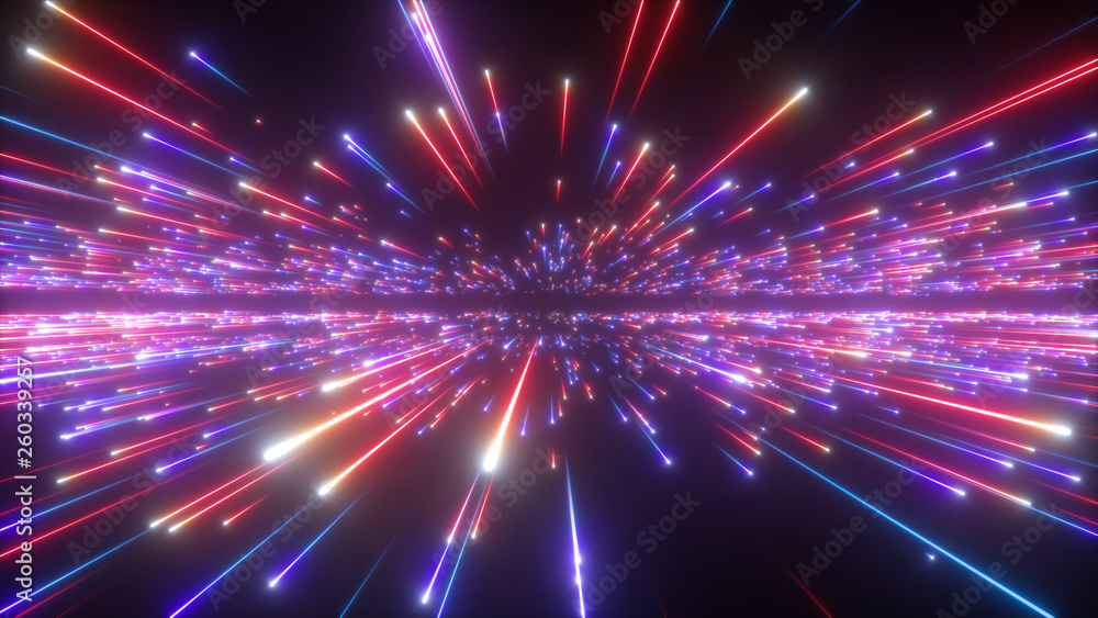 Naklejka premium 3d render, red blue fireworks, abstract cosmic background, big bang, galaxy, falling stars, celestial, beauty of universe, speed of light, neon glow, cosmos, ultraviolet infrared light, outer space