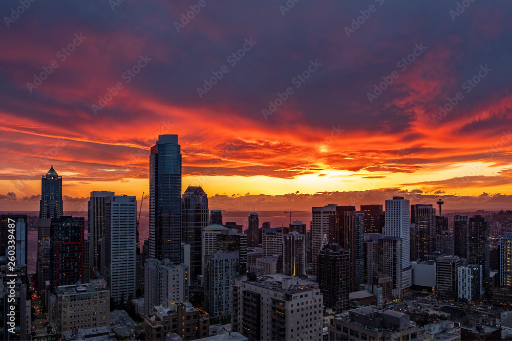 Sunset above downtown of Seattle, WA - obrazy, fototapety, plakaty 