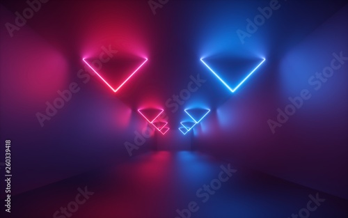 3d render, red blue neon light, illuminated corridor, tunnel, empty room, virtual space, ultraviolet light, 80's retro style, fashion show stage, abstract background