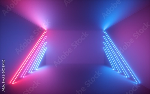 3d render, pink blue neon lines, illuminated empty room, virtual space, ultraviolet light, 80's retro style, fashion show stage, abstract background © wacomka