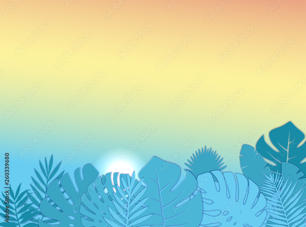 Relaxed tropical view in Summer time with monstera palm leaves. Morning Sunrise. 3D Layered Paper Cut Exotic craft banner. Papercut layout for presentation, article and header. Vector illustration