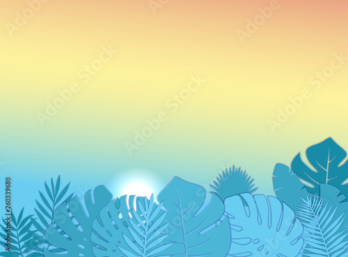 Relaxed tropical view in Summer time with monstera palm leaves. Morning Sunrise. 3D Layered Paper Cut Exotic craft banner. Papercut layout for presentation  article and header. Vector illustration