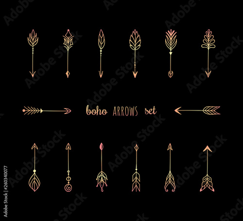 Rose gold arrows set, isolated on black. Hand drawn illustration.