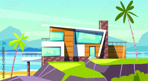 Luxury modern house on the hill near sea coast with palm. Summer vacation paradise illustration. Vector template.