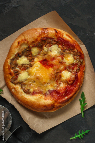 pizza, chicken, tomato sauce, cheese, (pizza ingredients). hot pizza. Top view. copy space