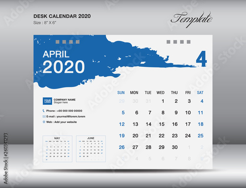 Desk Calendar 2020 template vector, april 2020 month, business layout, 8x6 inch, Week starts Sunday, Stationery design, flyer layout, printing media, publication template, printing design