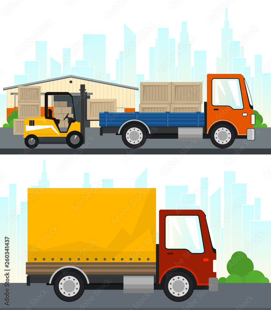 Set of Cargo and Storage Services, Warehouse and Forklift Truck and Lorry with Boxes , Small Covered Truck on the Road , Shipping and Freight of Goods, Vector Illustration
